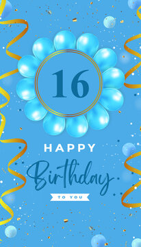 Happy 16th birthday with blue balloon and gold confetti isolated on blue background.  Premium design for birthday card, greeting card, and birthday celebrations, invitation card, flyer, brochure.