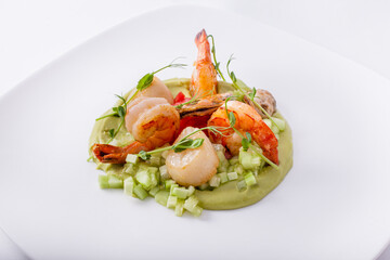 Scallop and shrimp with pea puree