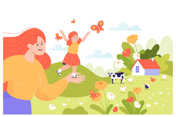 Woman holding kid on her palm flat vector illustration. Happy woman remembering summertime in countryside or farm, playing with butterflies, enjoying life. Memory, summer, farmland concept