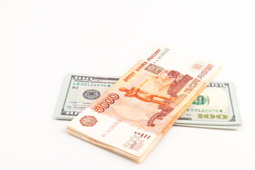 US Dollar and Russian ruble. Money background. Currency exhange. Economic crisis. Rouble dollar cash. Hundred dollar bill and 5000 rubles. Business and finance. Russia and USA