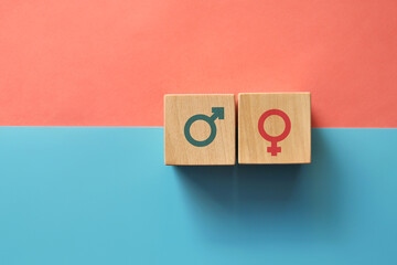 Wooden cubes with the image of a male and female gender sign. Relationship between a man and a woman