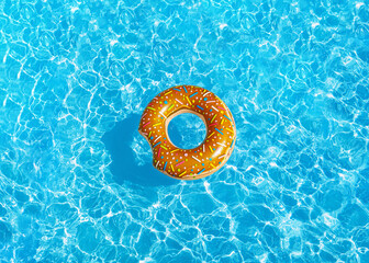 donat swimming pool ring float in blue water and sun bright. concept color summer.