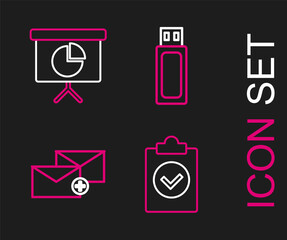 Set line Completed task, Envelope, USB flash drive and Presentation financial board with graph, schedule, chart, diagram, infographic, pie graph icon. Vector