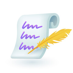 3d cartoon style feather and curved sheet of paper icon. Paper with notes and quill flat vector illustration. Creativity, calligraphy, education, parchment, literature concept