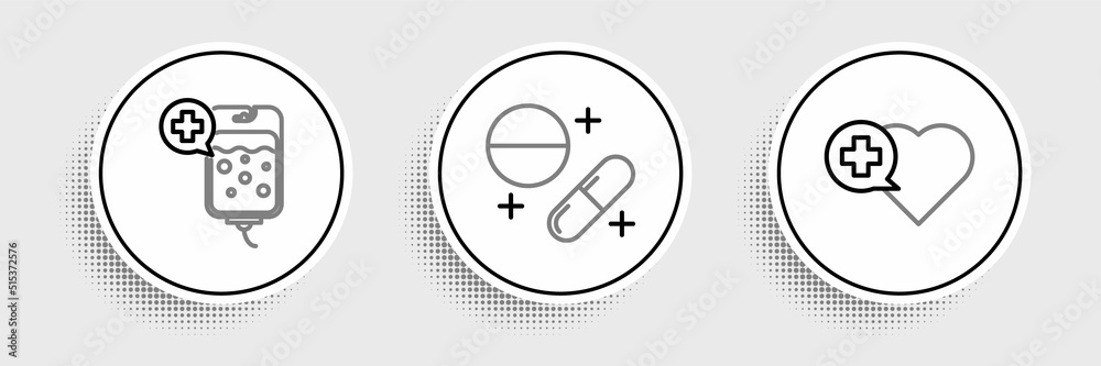 Sticker Set line Heart with a cross, IV bag and Medicine pill or tablet icon. Vector