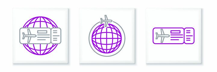 Set line Airline ticket, and Globe with flying plane icon. Vector