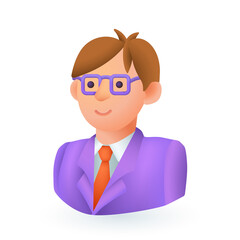 3d cartoon style portrait of employee in eyeglasses icon. Cute man in official suit, office worker or businessman character flat vector illustration. Occupation, profession concept