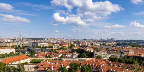 Czechia, Panoramic view of Prague, bridges over Vlatva river and Prague Old city.