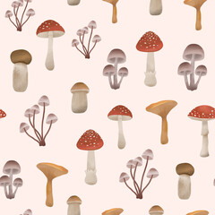 Seamless pattern with mushrooms. Hand drawn graphic print.