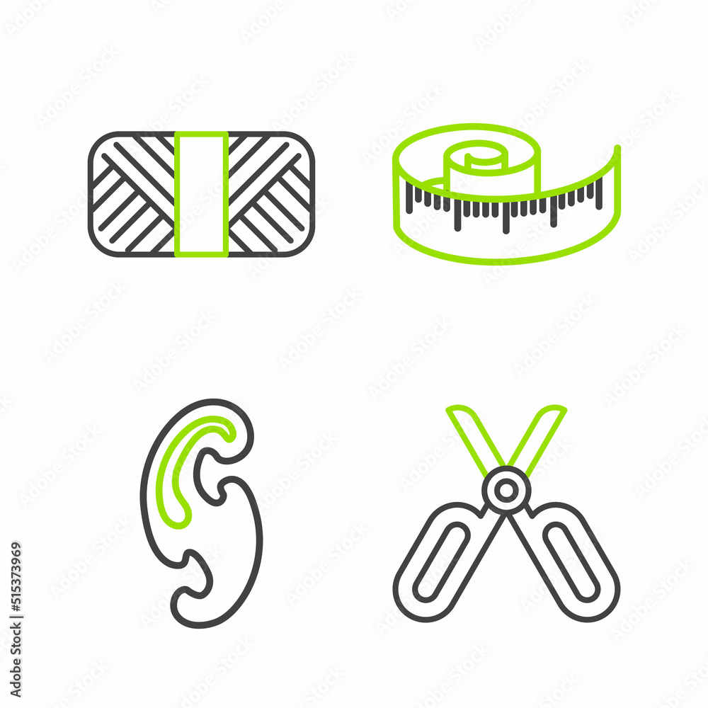 Sticker set line scissors, french curves, tape measure and sewing thread on spool icon. vector