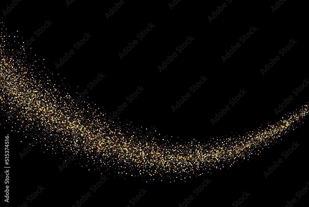 Wall mural black background with gold glittering particles in the form of an abstract flow of a wavy line