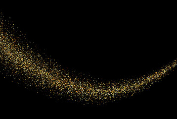 Black background with gold glittering particles in the form of an abstract flow of a wavy line