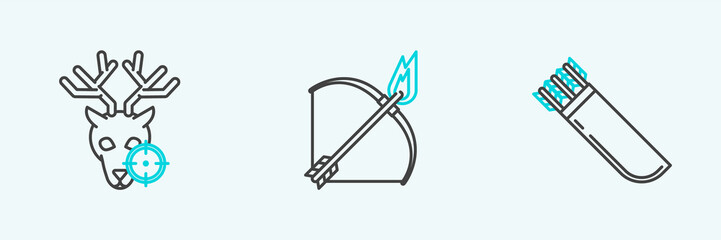 Set line Quiver with arrows, Hunt on deer crosshairs and Bow and fire icon. Vector