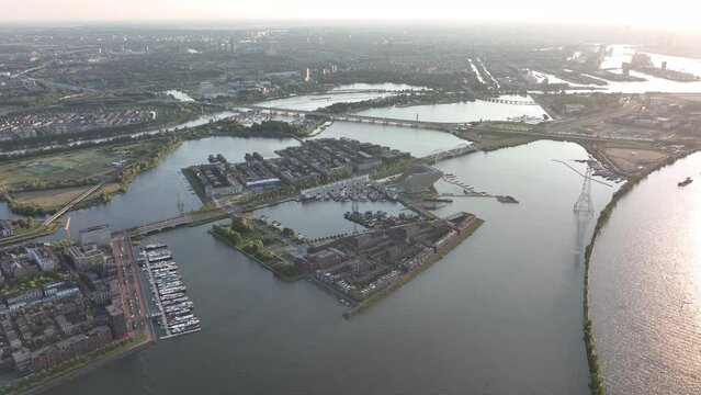 Amsterdam Ijburg Steigereiland artificial island modern residential area smart city cityscape at water Ijmeer. Urban houses buildings city environment area.