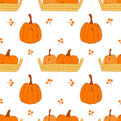 Vector seamless pattern with pumpkins in basket. Autumn illustration