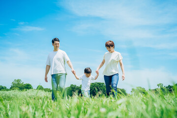 Fototapeta na wymiar 手を繋いで晴天の緑地を歩く親子3人