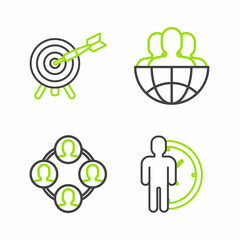 Set line Time Management, Project team base, Globe and people and Target with arrow icon. Vector