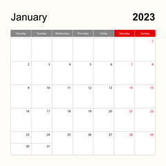 Wall calendar template for January 2023. Holiday and event planner, week starts on Monday