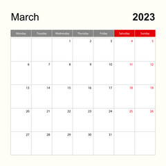 Wall calendar template for March 2023. Holiday and event planner, week starts on Monday.