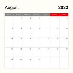 Wall calendar template for August 2023. Holiday and event planner, week starts on Monday.