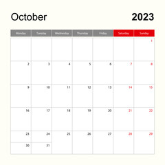 Wall calendar template for October 2023. Holiday and event planner, week starts on Monday.