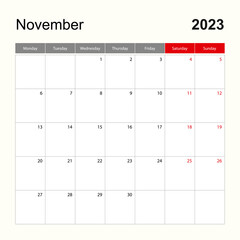 Wall calendar template for November 2023. Holiday and event planner, week starts on Monday.