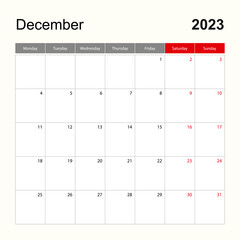 Wall calendar template for December 2023. Holiday and event planner, week starts on Monday.