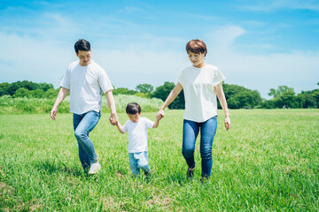 手を繋いで晴天の緑地を歩く親子3人