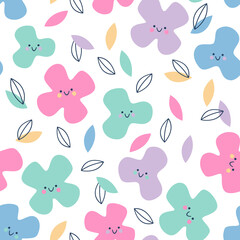 Cute smiley flowers abstract seamless pattern. Childish floral background
