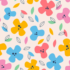 Cute flowers abstract seamless pattern. Childish floral background. Funny flowers and colorful leaves repeat.