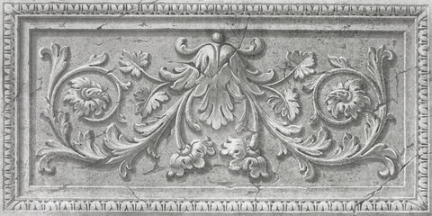 Ancient tiles, renaissance style wall decorations. Bas-relief with cracks, cement texture. Bathroom and kitchen tiles. Italian ceramic tile pattern on the cement. Background for creativity.