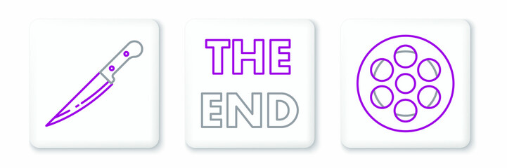 Set line Film reel, Knife and The End handwritten inscription icon. Vector