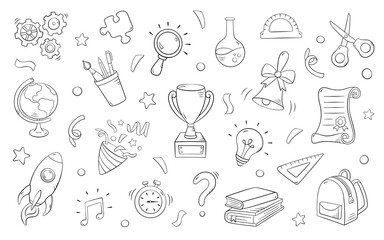 School set elements in doodle style, vector illustration. Back to school concept, isolated symbols on a white background. Icon collection, hand drawn for print and design. Online education sketch