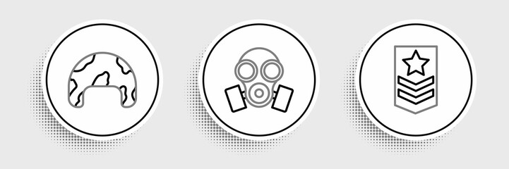 Set line Chevron, Military helmet and Gas mask icon. Vector