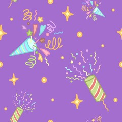 Party cracker with confetti. Celebration time. Seamless colorful pattern.