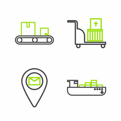 Set line Cargo ship with boxes delivery service, Placeholder on map paper, Electric hand truck and and Conveyor belt cardboard icon. Vector