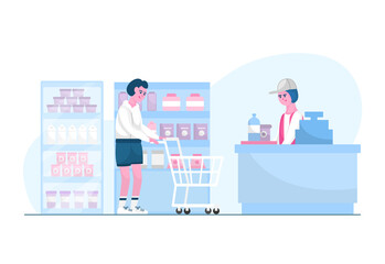 Grocery Store People Buying Groceries Supermarket Flat Illustration