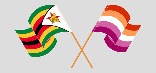 Crossed and waving flags of Zimbabwe and Lesbian Pride