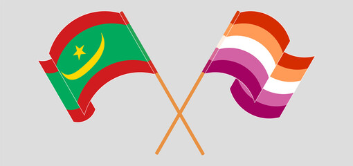 Crossed and waving flags of Mauritania and Lesbian Pride