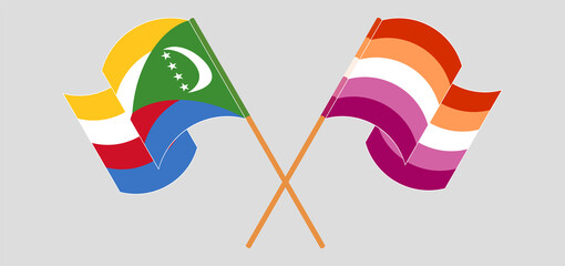 Crossed and waving flags of Comoros and Lesbian Pride