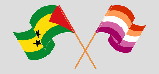 Crossed and waving flags of Sao Tome and Principe and Lesbian Pride