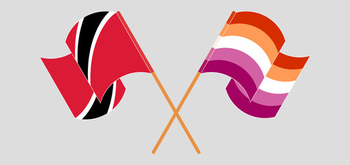 Crossed and waving flags of Trinidad and Tobago and Lesbian Pride