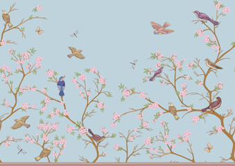 Cherry blossom branches against the sky with sparrow, finches. Seamless pattern, background. Vector illustration. Chinoiserie, traditional oriental botanical motif. In botanical style