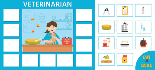 Educational game for kids.  Learning cards. Professions. Veterinarian.  Preschool worksheet activity. Vector illustration