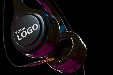 Black headphones with cable for listen music, dj audio headset isolated on dark background. Realistic stereo earphones with sound speakers and white logo in neon light close up angle view, 3d render