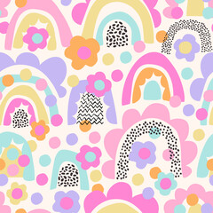 Abstract daisy flower, minimal doodle rainbows seamless pattern - 515377784