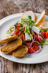 Salad with onions, tomatoes, cheese, lettuce, pesto, mung bean salad, young shoots and bread