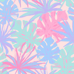 Fototapeta na wymiar Hand drawn tropical leaves background in pastel colors. Colorful palm leaf seamless pattern.