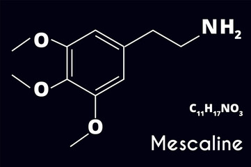 Mescaline molecule isolated on black background. Recreational drug. Vector illustration. - obrazy, fototapety, plakaty