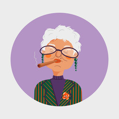 Vector portrait of an elderly stylish woman with glasses and a cigar. Illustration of an old woman in a green jacket, purple turtleneck with a short gray haircut